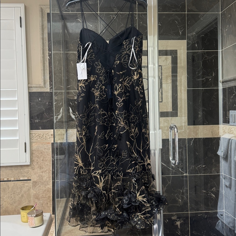 Marchesa Black Dress with Gold Floral Embroidery - Picture 4 of 5
